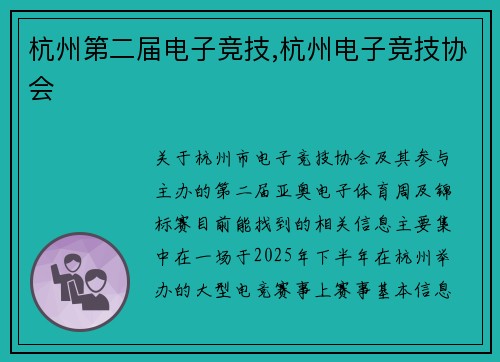 杭州第二届电子竞技,杭州电子竞技协会